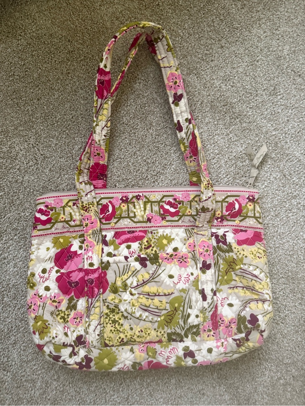 Vera Bradley Pink Floral Quilted Shoulder Tote with Green Accents